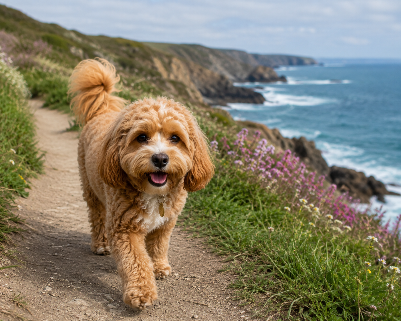Cavapoo puppy playing outdoors in California